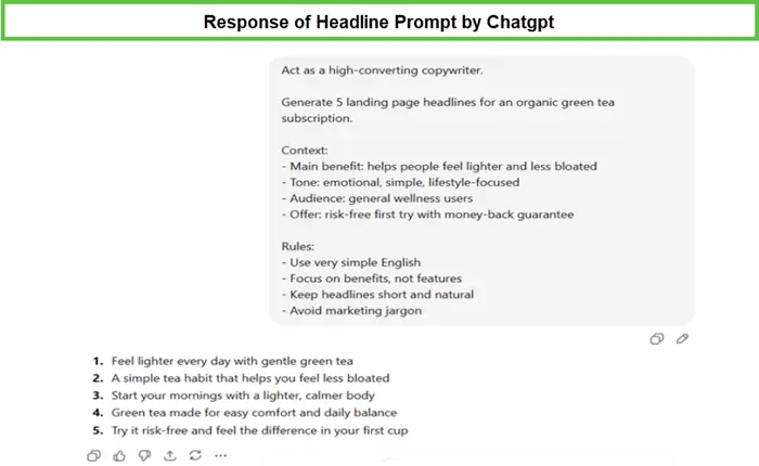 Result of headline prompt for landing page 
