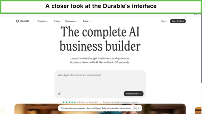 View of the Durable AI website builder interface